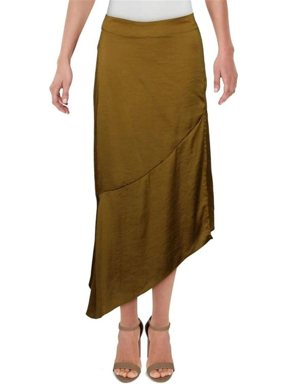 Free People Olive Satin Asymmetrical Midi Skirt — Size 12